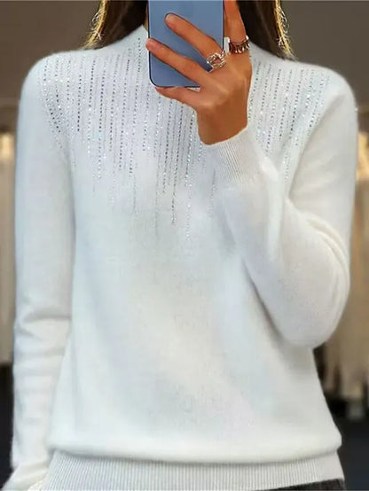 Women‘s Christmas Pullover Sweater Jumper Crew Neck Ribbed Knit Acrylic Sequins Fall Winter Regular Outdoor Daily Going out Xmas Stylish Casual Long Sleeve Solid Color Black White Light Green S M L
