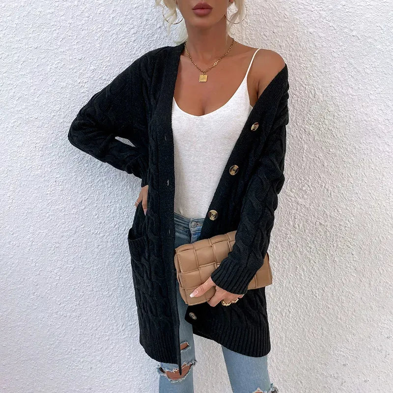 New long coat twist rope solid color cardigan sweater