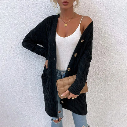 New long coat twist rope solid color cardigan sweater