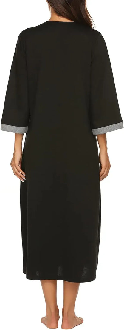Women Zipper Robe 3/4 Sleeves Loungewear Dress Full Length Sleepwear Pockets Housecoat Nightgown Long Bathrobe
