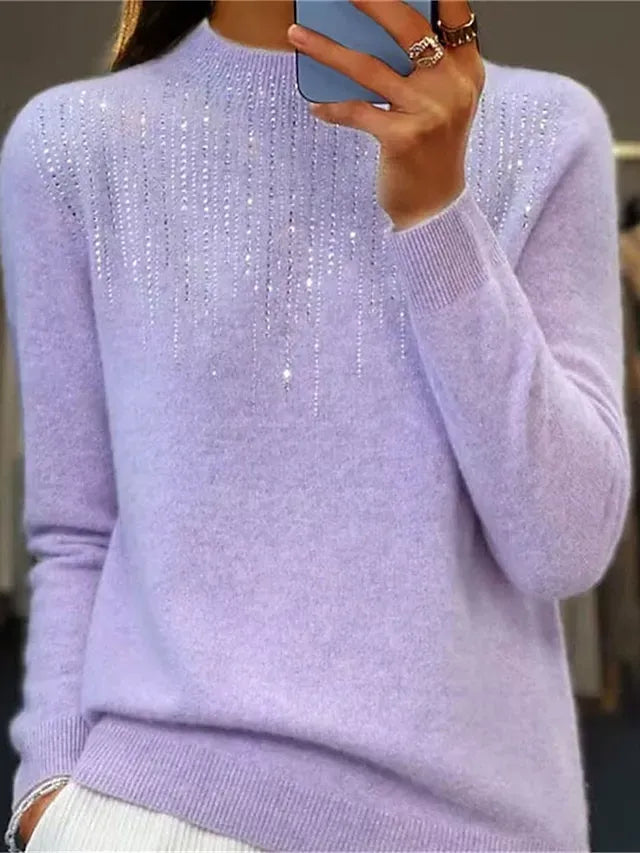 Women‘s Christmas Pullover Sweater Jumper Crew Neck Ribbed Knit Acrylic Sequins Fall Winter Regular Outdoor Daily Going out Xmas Stylish Casual Long Sleeve Solid Color Black White Light Green S M L