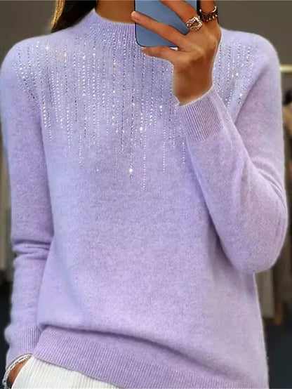 Women‘s Christmas Pullover Sweater Jumper Crew Neck Ribbed Knit Acrylic Sequins Fall Winter Regular Outdoor Daily Going out Xmas Stylish Casual Long Sleeve Solid Color Black White Light Green S M L