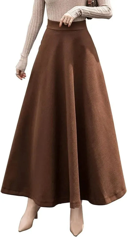 Women's Winter Elegant Warm Long Skirt Wool Maxi Skirts Elastic Waist A-Line High Waist Plaid Pleated Skirt S-3XL