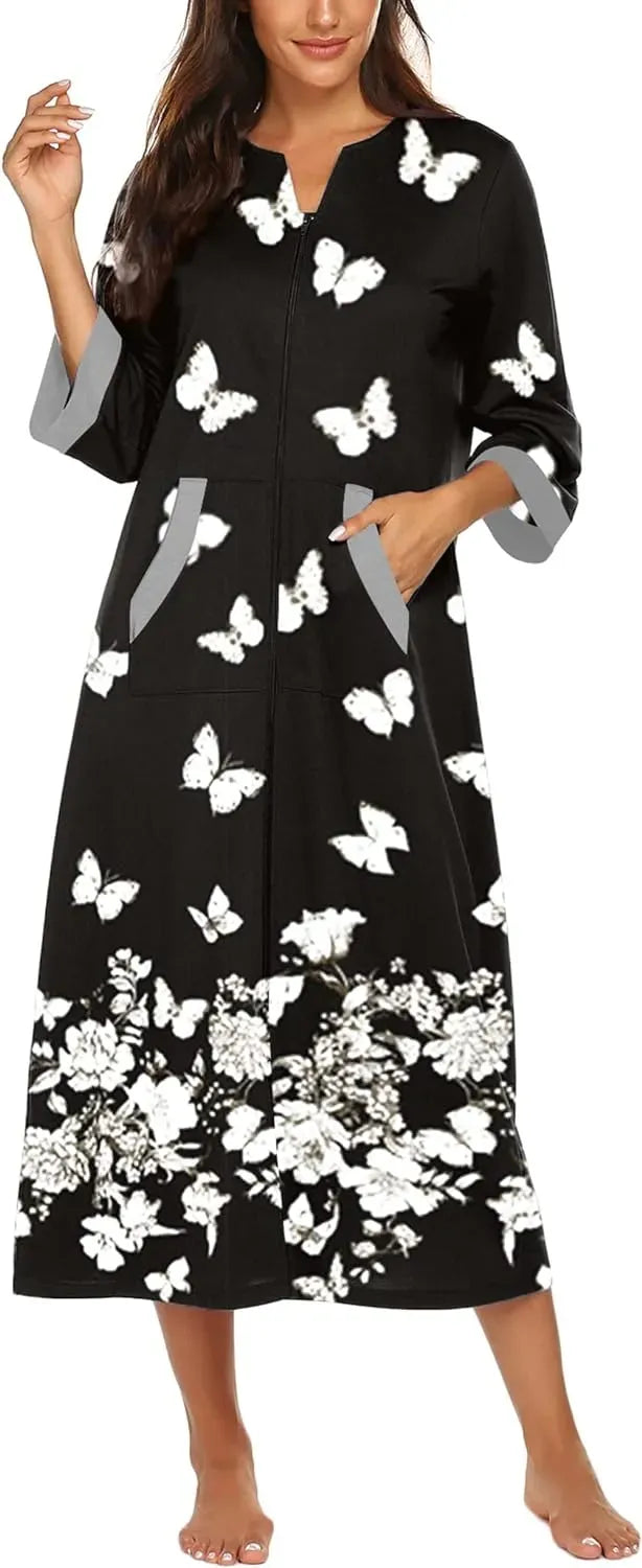 Women Zipper Robe 3/4 Sleeves Loungewear Dress Full Length Sleepwear Pockets Housecoat Nightgown Long Bathrobe