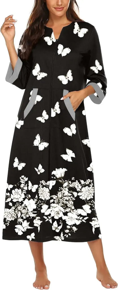 Women Zipper Robe 3/4 Sleeves Loungewear Dress Full Length Sleepwear Pockets Housecoat Nightgown Long Bathrobe