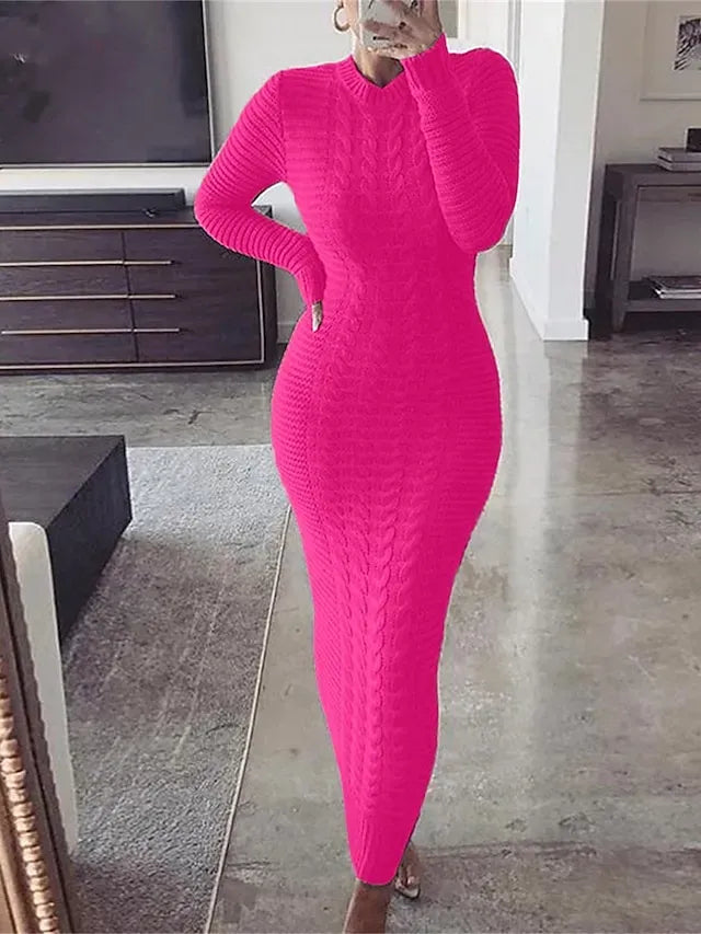 Women's Sweater Dress Crew Neck Ribbed Knit Polyester Knitted Fall Winter Long Outdoor Daily Going out Stylish Casual Soft Long Sleeve Pure Color Black Yellow Wine S M L
