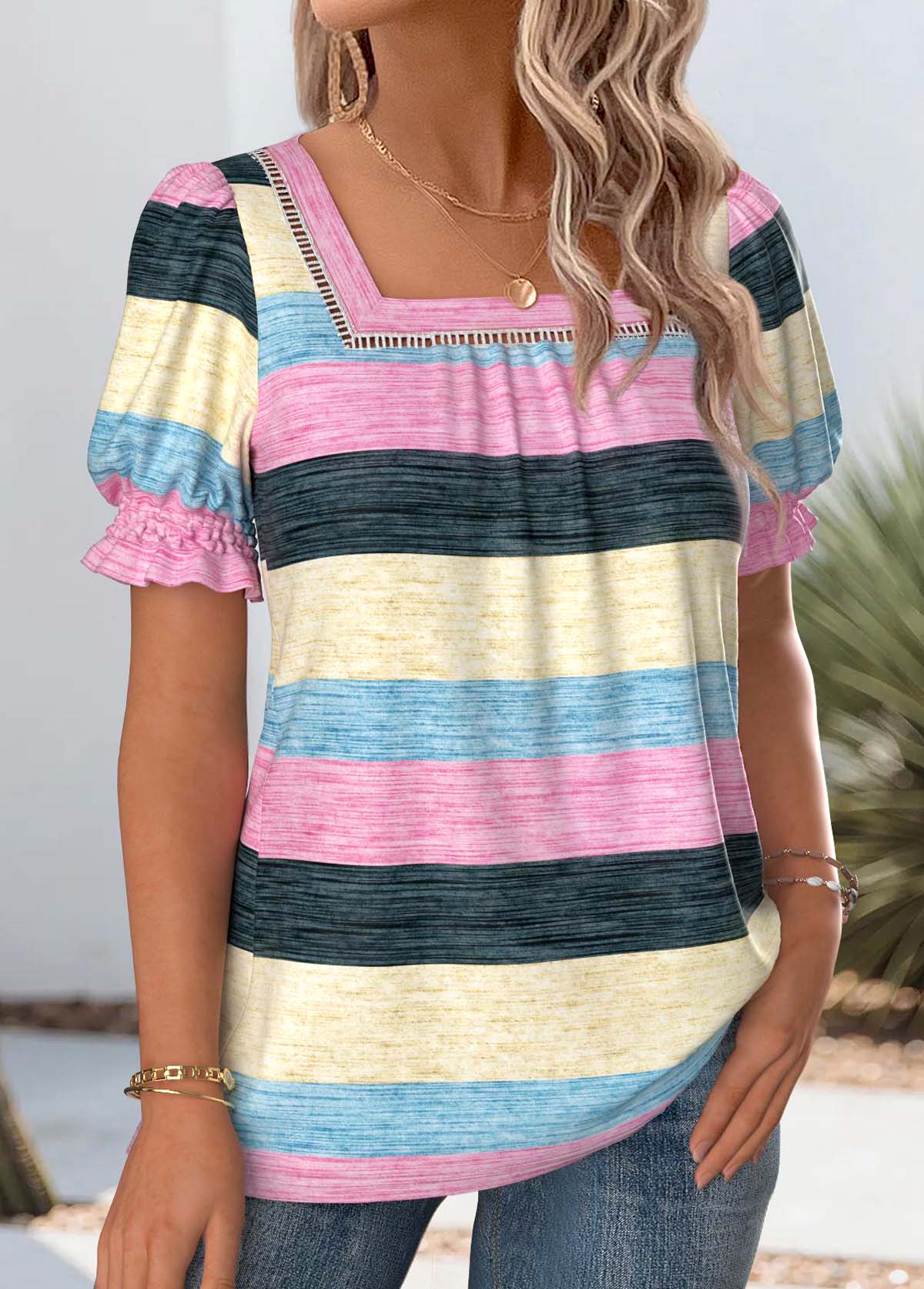 Multi Color Striped Short Sleeve Square Neck T Shirt