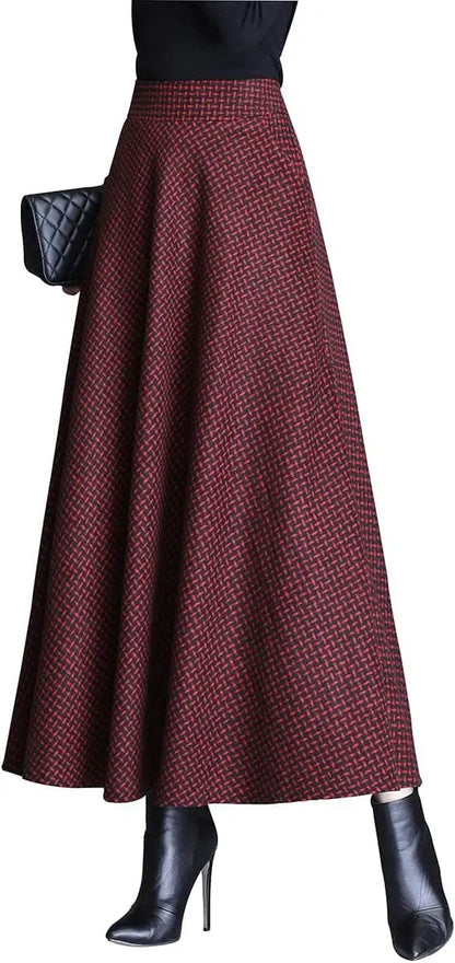 Women's Winter Elegant Warm Long Skirt Wool Maxi Skirts Elastic Waist A-Line High Waist Plaid Pleated Skirt S-3XL