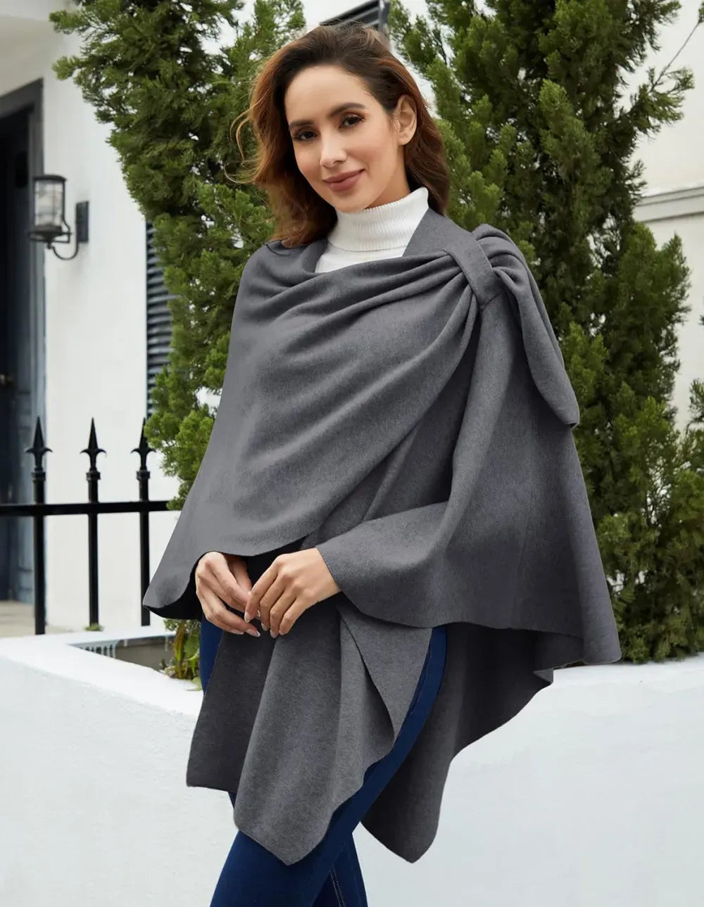 Womens Large Cross Front Poncho Sweater Wrap Topper Knitted Elegant Shawls Cape for Fall Winter