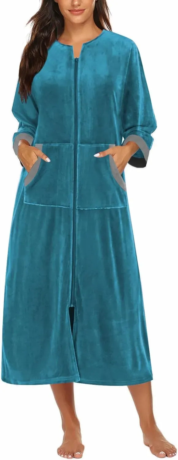 Women Zipper Robe 3/4 Sleeves Loungewear Dress Full Length Sleepwear Pockets Housecoat Nightgown Long Bathrobe