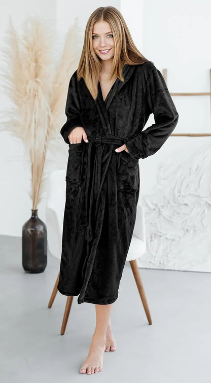 Women Fleece Shawl Collar Bathrobe - Plush Long Robe