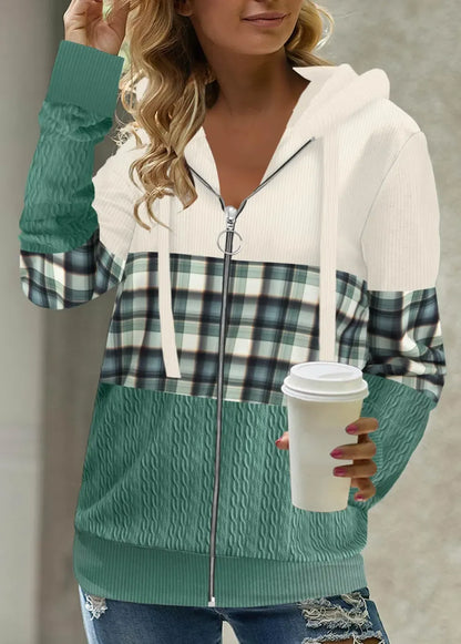 Green Patchwork Plaid Long Sleeve Hoodie