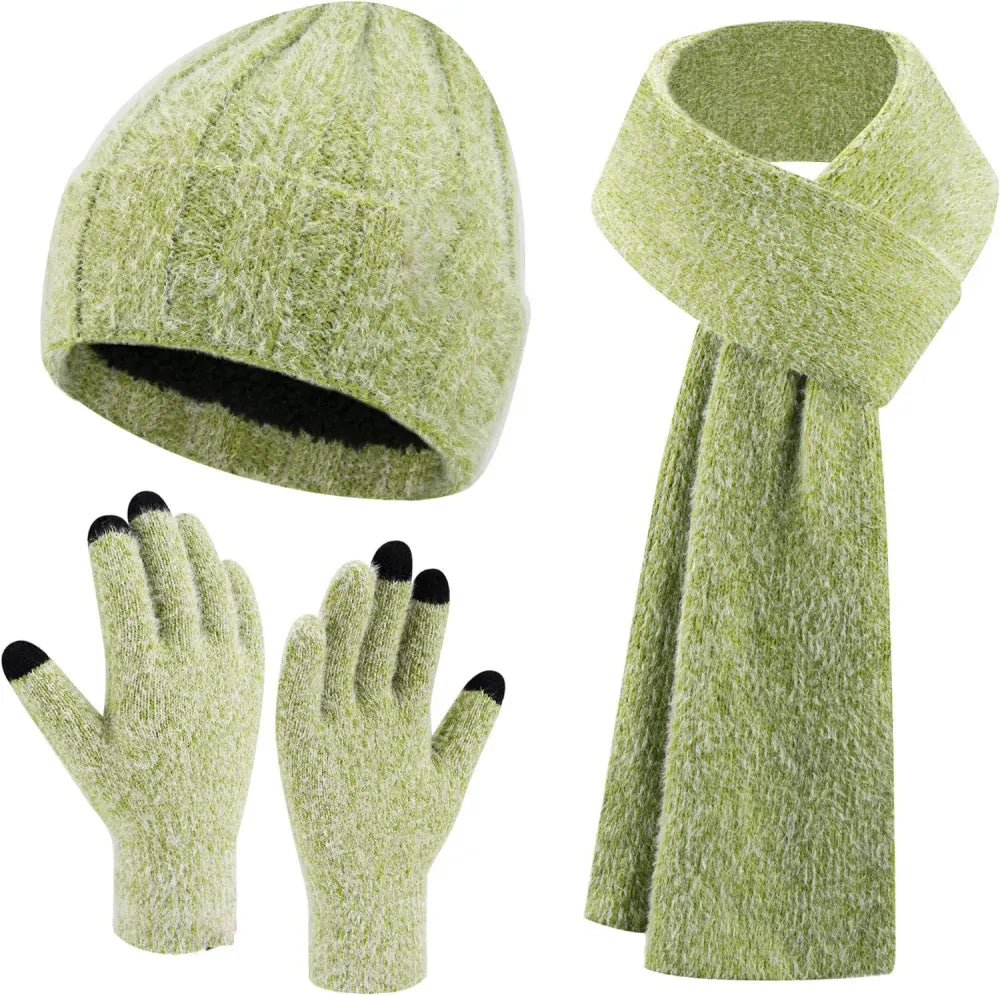 Womens Winter Warm Knit Beanie Hat Touchscreen Gloves Long Scarf Set with Fleece Lined Skull Caps Neck Scarves for Women Men