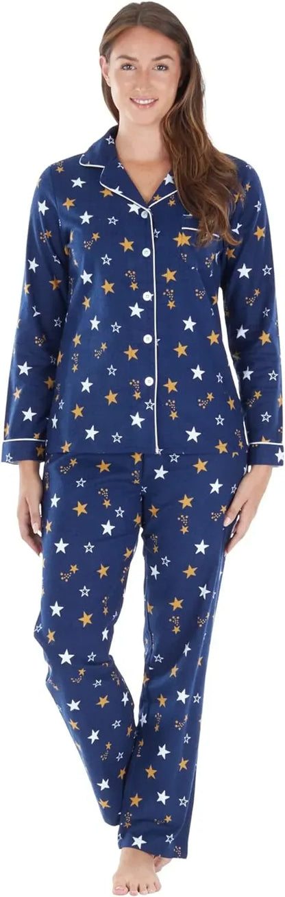 Women's Cotton Flannel Long Sleeve Button-Down Pajamas PJ Set