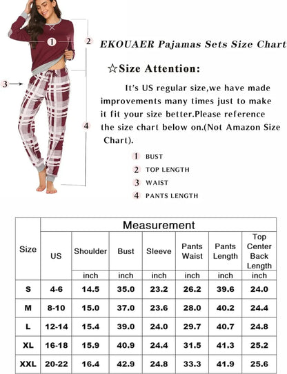 Women's Pajamas Sets Long Sleeve with Plaid Pants Soft Sleepwear O Neck 2 Piece Pjs Joggers Loung Set with Pockets