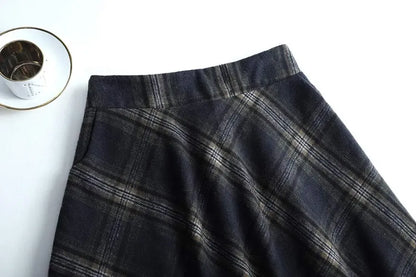 Women's Winter Elegant Warm Long Skirt Wool Maxi Skirts Elastic Waist A-Line High Waist Plaid Pleated Skirt S-3XL