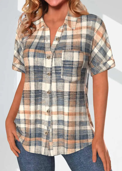 Light Blue Pocket Geometric Print Short Sleeve Blouse