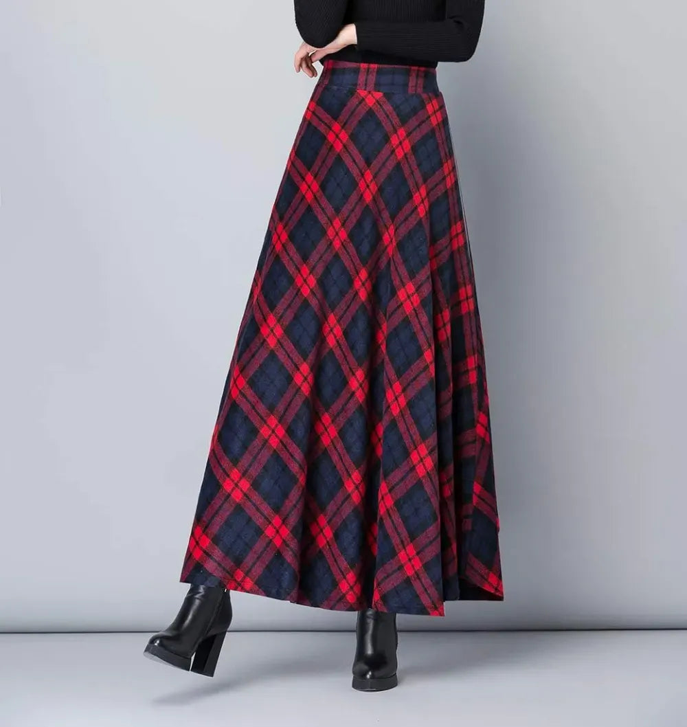 Women's Winter Elegant Warm Long Skirt Wool Maxi Skirts Elastic Waist A-Line High Waist Plaid Pleated Skirt S-3XL
