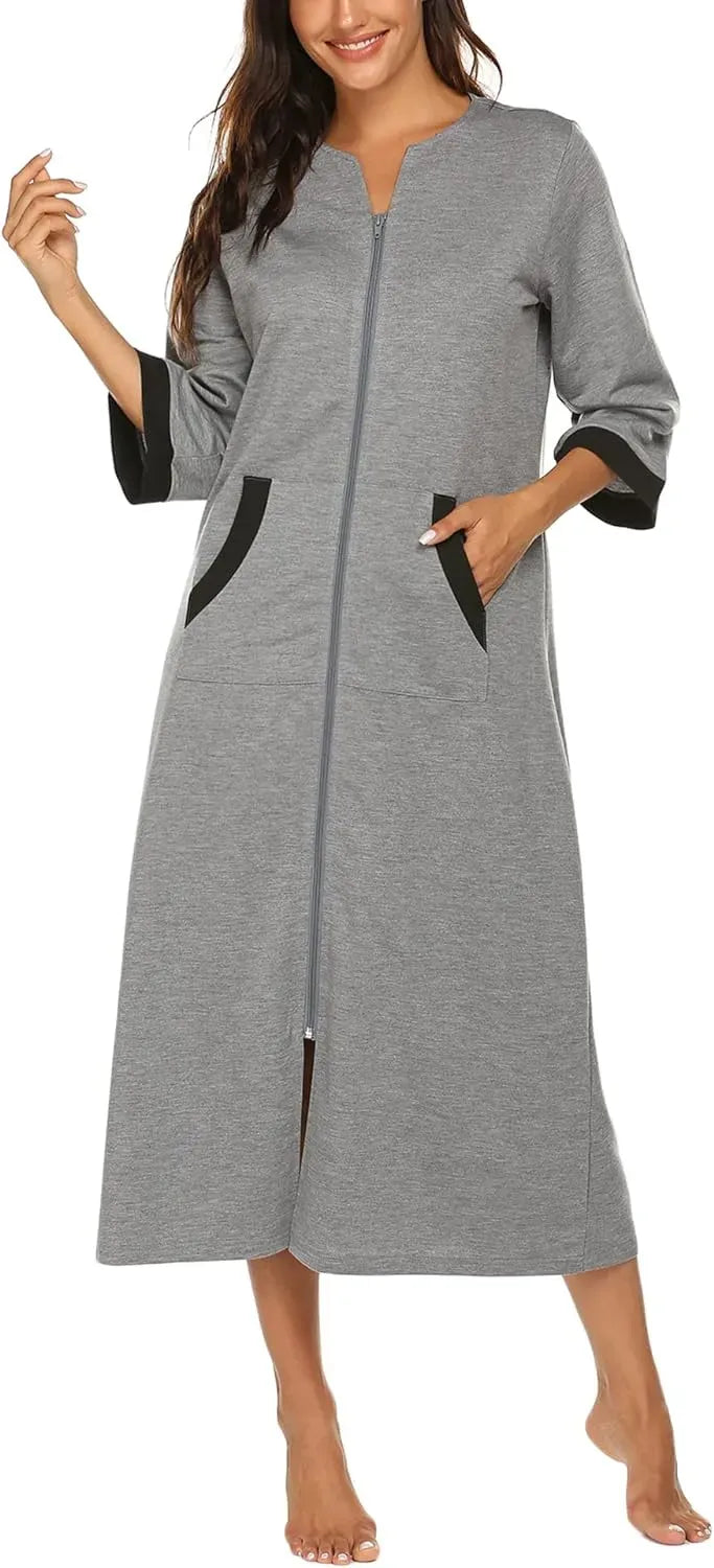 Women Zipper Robe 3/4 Sleeves Loungewear Dress Full Length Sleepwear Pockets Housecoat Nightgown Long Bathrobe