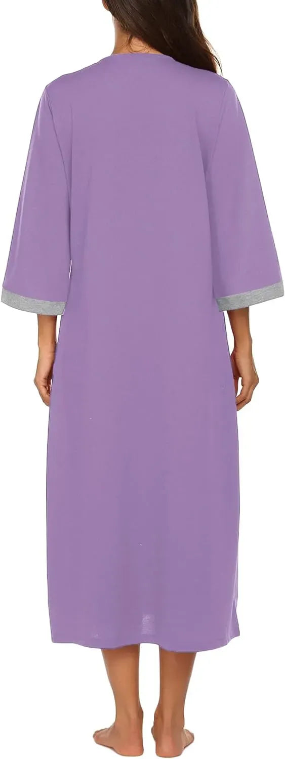 Women Zipper Robe 3/4 Sleeves Loungewear Dress Full Length Sleepwear Pockets Housecoat Nightgown Long Bathrobe