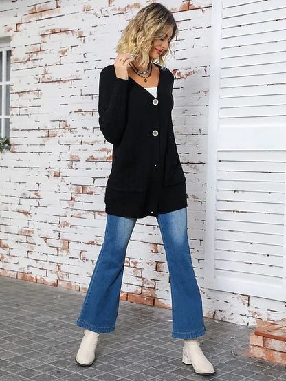 Women‘s Christmas Cardigan Sweater V Neck Cable Knit Polyester Button Pocket Fall Winter Long Outdoor Xmas Daily Going out Stylish Casual Soft Long Sleeve Solid Color Black Red Blue S M L