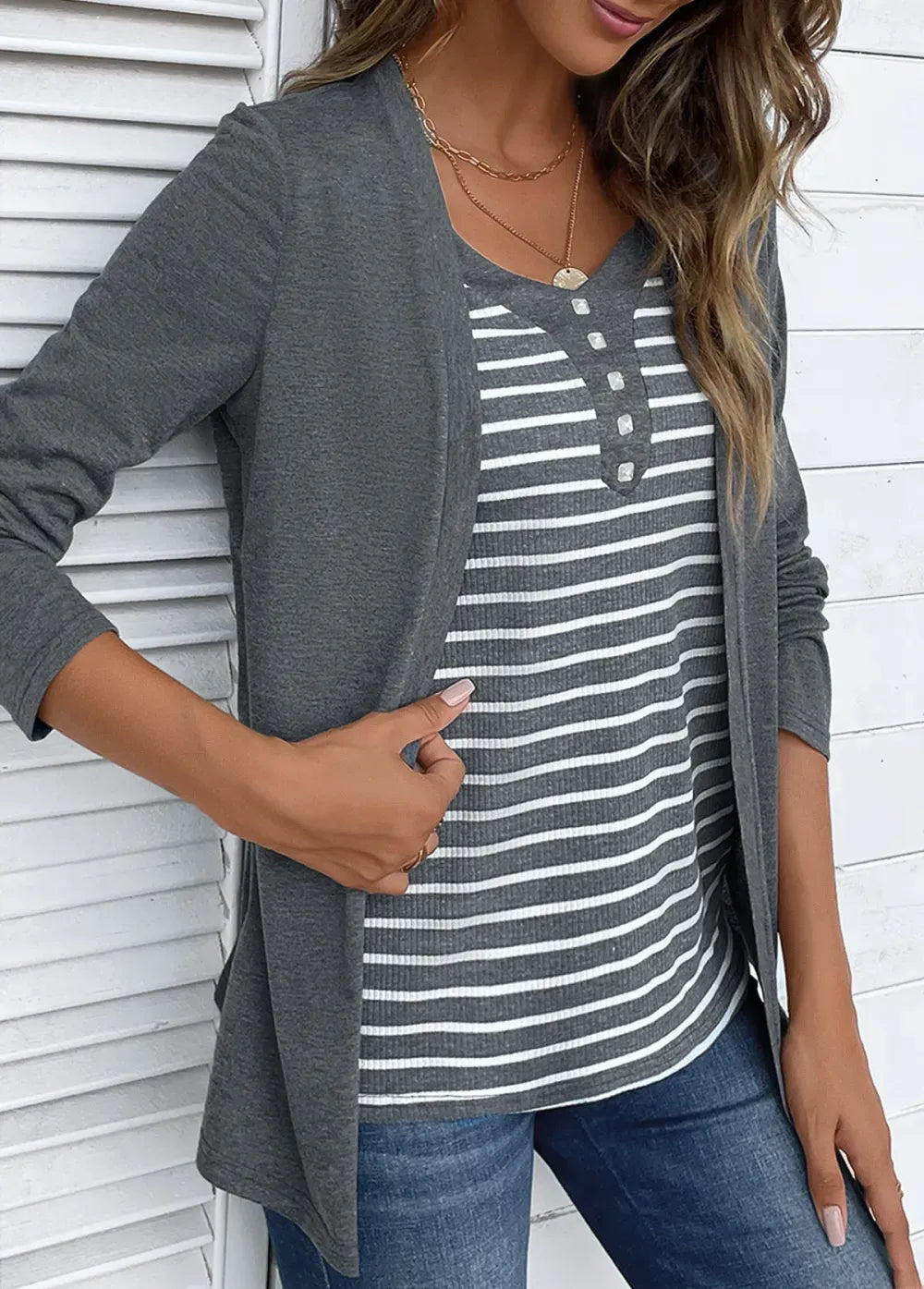 Dark Grey Marl Fake 2in1 Striped T Shirt
