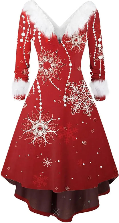 Womens Christmas Dress Fuzzy Mrs Claus Christmas Holiday Xmas Cocktail Holiday Party Flare Dress