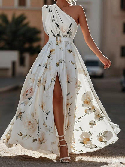 Light Green Floral Ruched One Shoulder A-Line Maxi Chiffon Dress