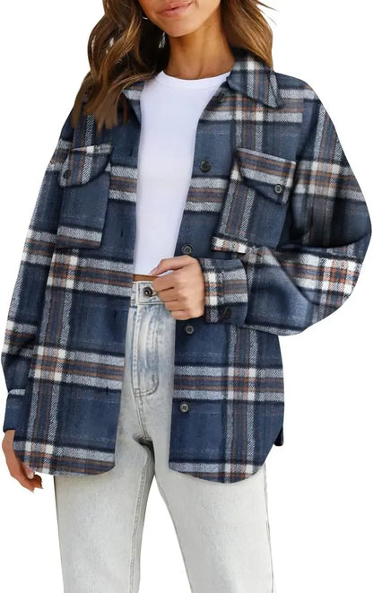 Womens Casual Plaid Shacket Button Down Long Sleeve Shirt