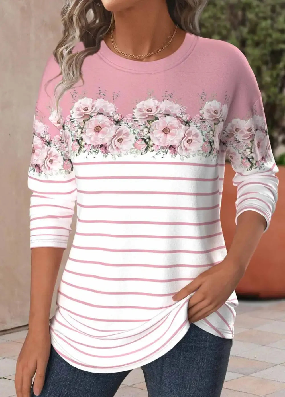 Pink Patchwork Floral Print Long Sleeve T Shirt