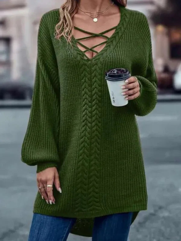 Cotton Crisscross Drop Shoulder Curved Hem Sweater
