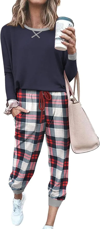 Women's Pajamas Sets Long Sleeve with Plaid Pants Soft Sleepwear O Neck 2 Piece Pjs Joggers Loung Set with Pockets