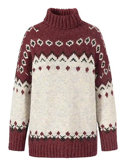 Women's Ugly Christmas Sweater Pullover Sweater Jumper Turtleneck Ribbed Knit Acrylic Patchwork Fall Winter Regular Xmas Daily Going out Stylish Casual Soft Long Sleeve Geometric Red S M L