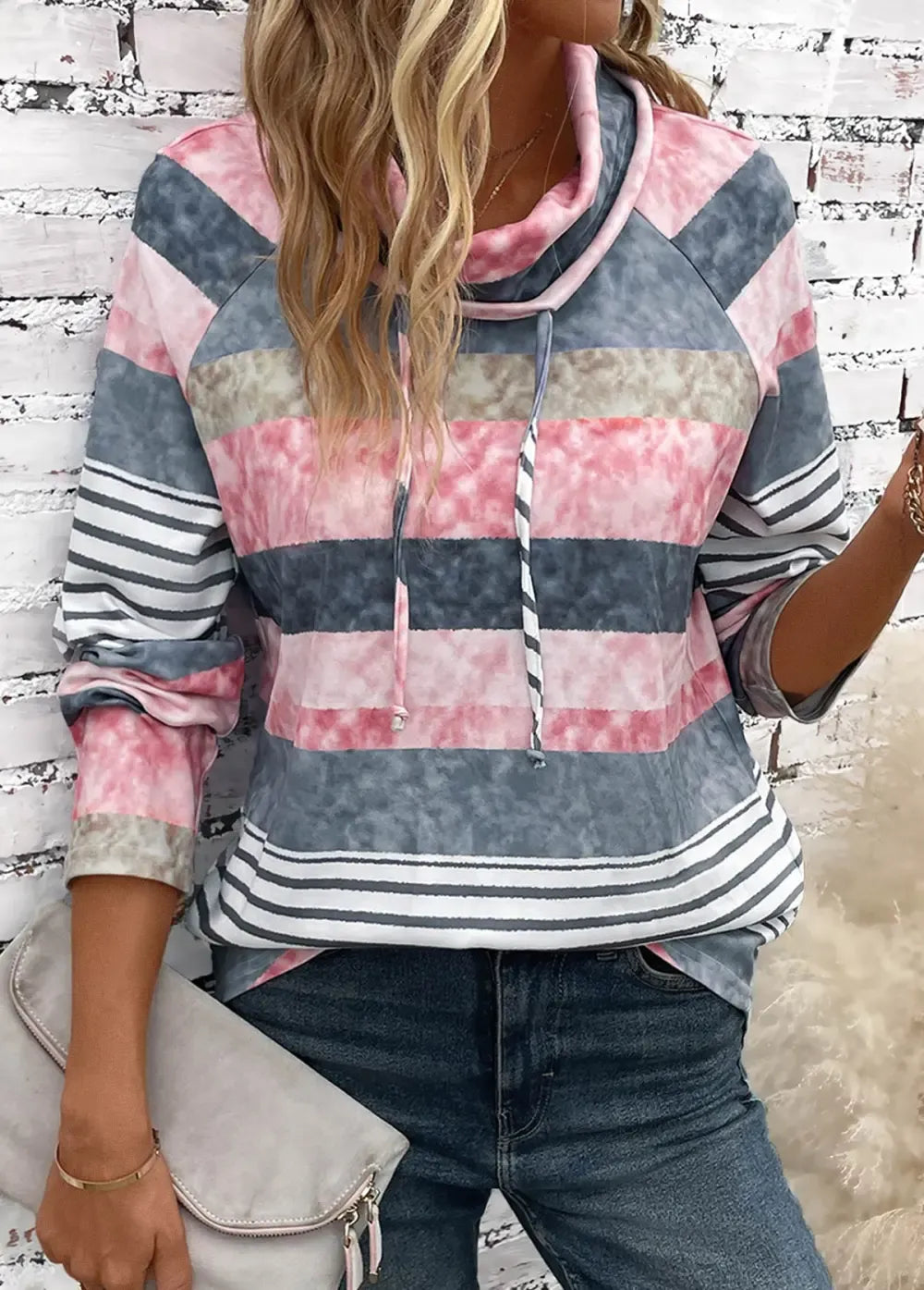 Multi Color Drawstring Striped Long Sleeve Cowl Neck Hoodie