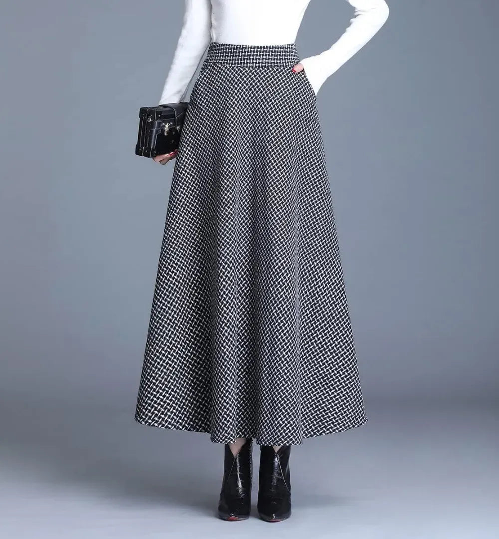 Women's Winter Elegant Warm Long Skirt Wool Maxi Skirts Elastic Waist A-Line High Waist Plaid Pleated Skirt S-3XL
