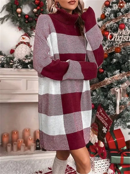 Women's Ugly Christmas Sweater Sweater Dress Christmas Sweaters Turtleneck Ribbed Knit Polyester Knitted Fall Winter Long Outdoor Christmas Daily Stylish Casual Soft Long Sleeve Plaid Red S M L