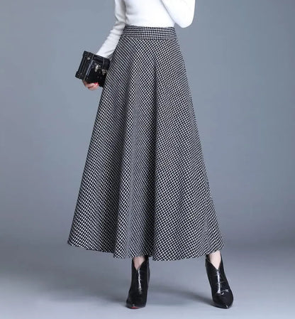 Women's Winter Elegant Warm Long Skirt Wool Maxi Skirts Elastic Waist A-Line High Waist Plaid Pleated Skirt S-3XL