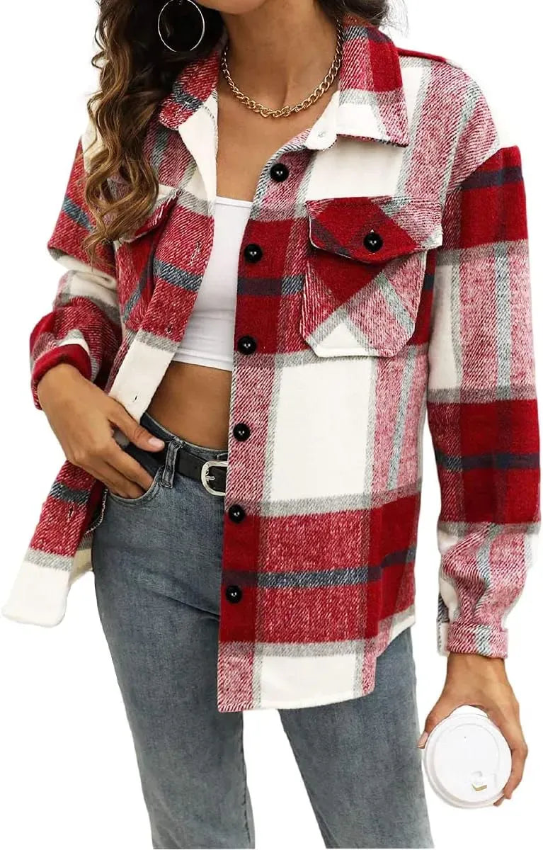 Womens Casual Plaid Shacket Button Down Long Sleeve Shirt