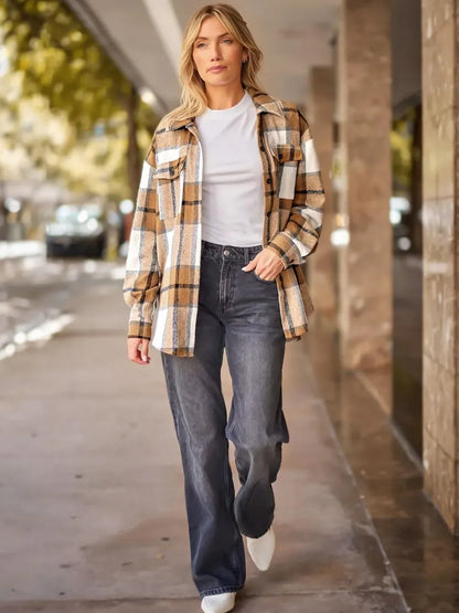 Womens Casual Plaid Shacket Button Down Long Sleeve Shirt