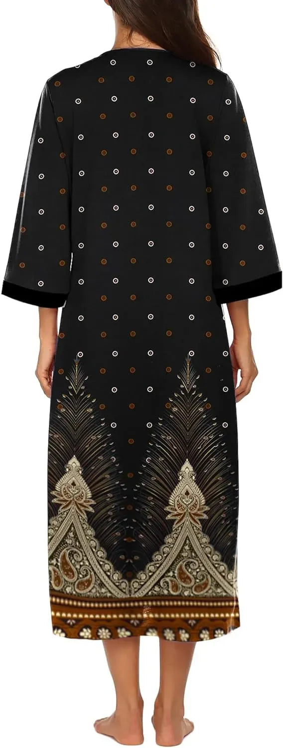 Women Zipper Robe 3/4 Sleeves Loungewear Dress Full Length Sleepwear Pockets Housecoat Nightgown Long Bathrobe
