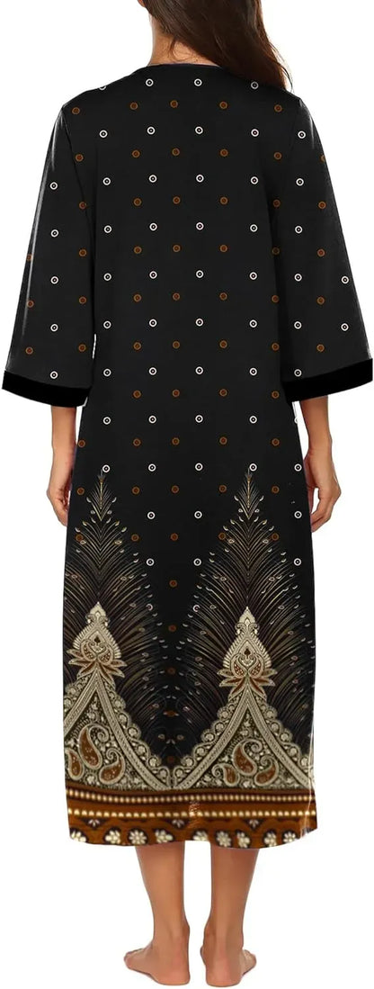 Women Zipper Robe 3/4 Sleeves Loungewear Dress Full Length Sleepwear Pockets Housecoat Nightgown Long Bathrobe