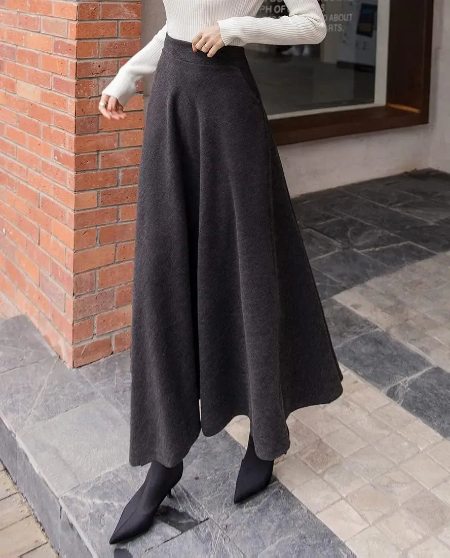 Women's Winter Elegant Warm Long Skirt Wool Maxi Skirts Elastic Waist A-Line High Waist Plaid Pleated Skirt S-3XL