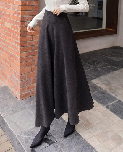 Women's Winter Elegant Warm Long Skirt Wool Maxi Skirts Elastic Waist A-Line High Waist Plaid Pleated Skirt S-3XL