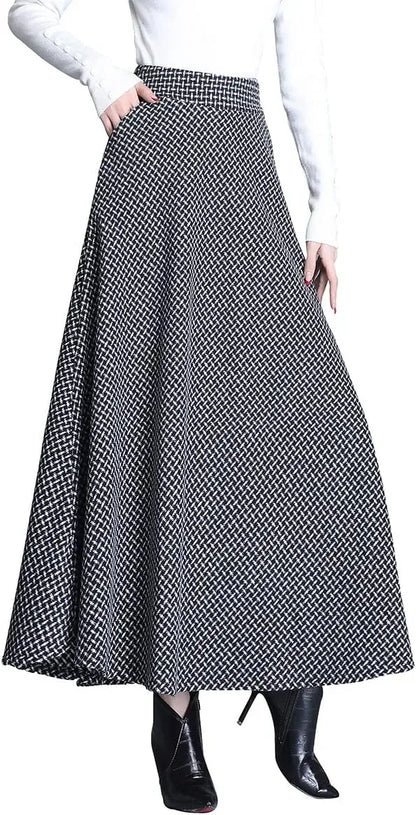 Women's Winter Elegant Warm Long Skirt Wool Maxi Skirts Elastic Waist A-Line High Waist Plaid Pleated Skirt S-3XL