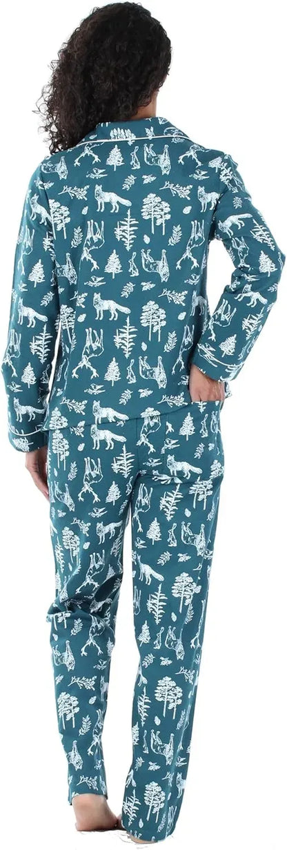 Women's Cotton Flannel Long Sleeve Button-Down Pajamas PJ Set