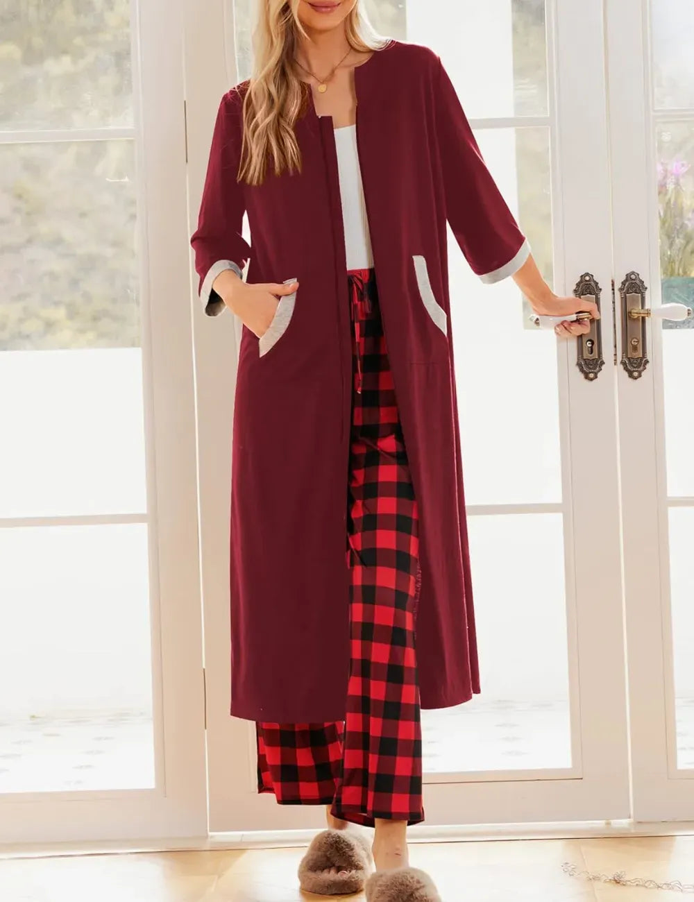 Women Zipper Robe 3/4 Sleeves Loungewear Dress Full Length Sleepwear Pockets Housecoat Nightgown Long Bathrobe