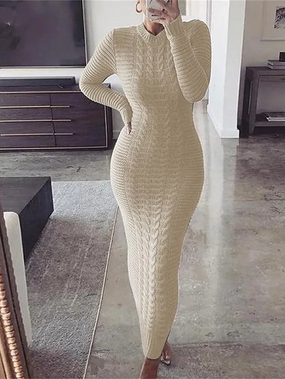 Women's Sweater Dress Crew Neck Ribbed Knit Polyester Knitted Fall Winter Long Outdoor Daily Going out Stylish Casual Soft Long Sleeve Pure Color Black Yellow Wine S M L