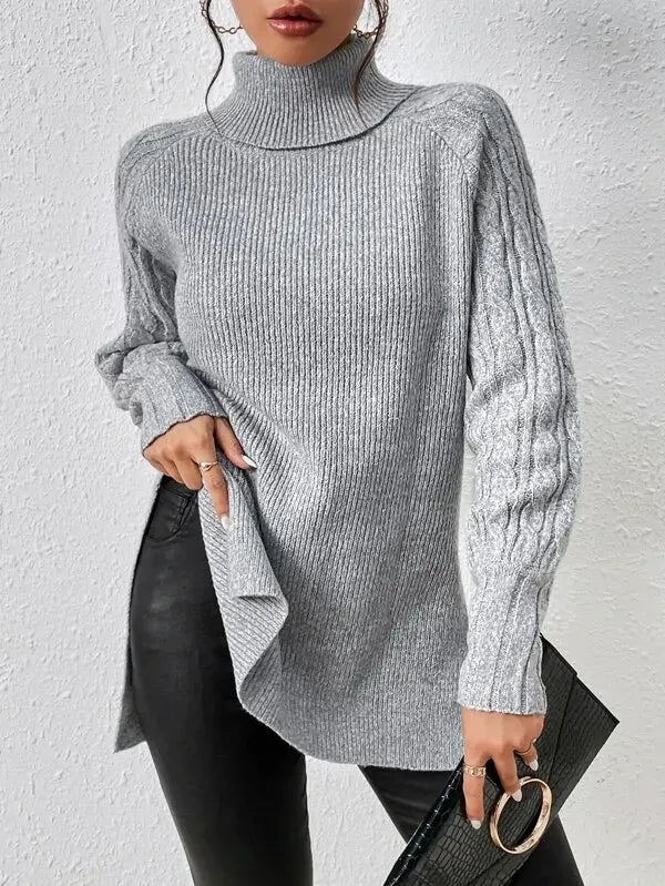 Turtleneck Raglan Sleeve Split Hem Cable Knit Sweater