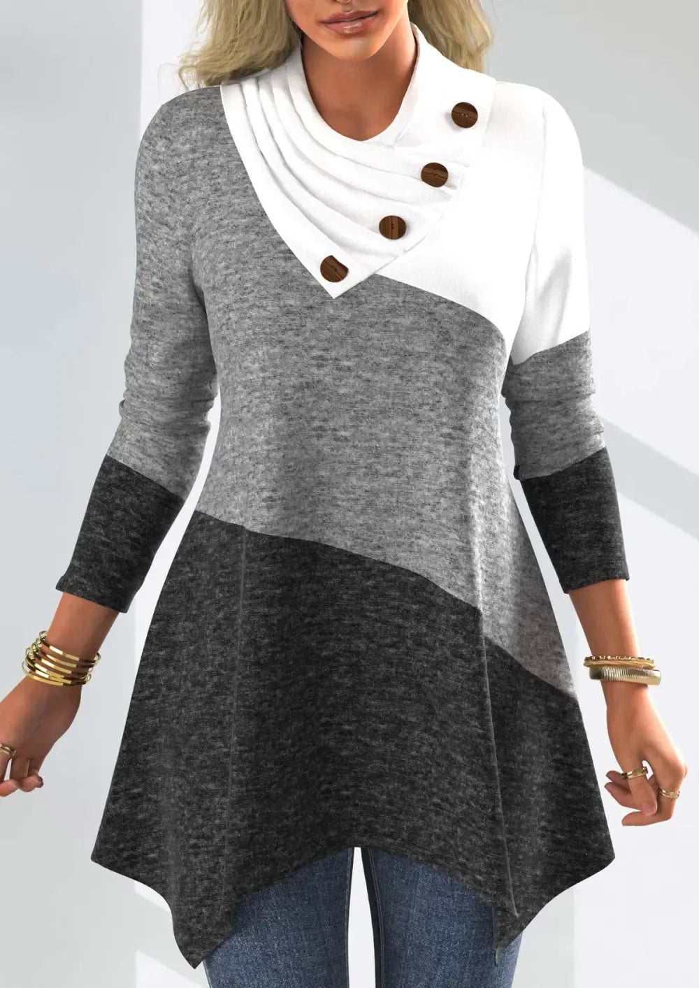 Decorative Button Patchwork Long Sleeve Asymmetrical Neck Sweatshirt