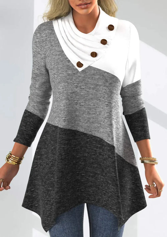 Decorative Button Patchwork Long Sleeve Asymmetrical Neck Sweatshirt